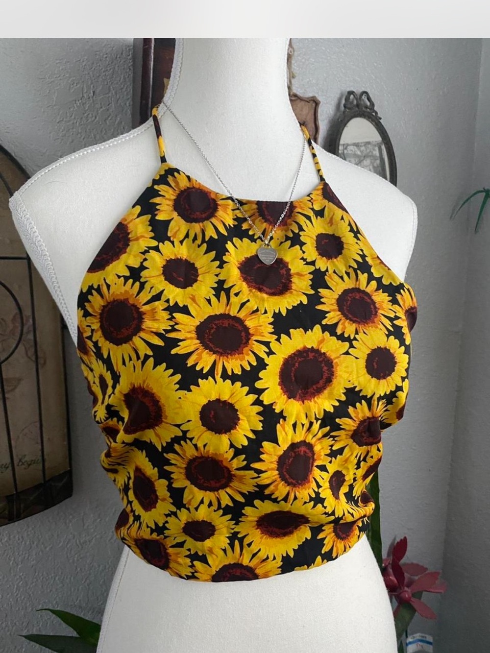 Sunflower Print Halter Crop Top - Yellow